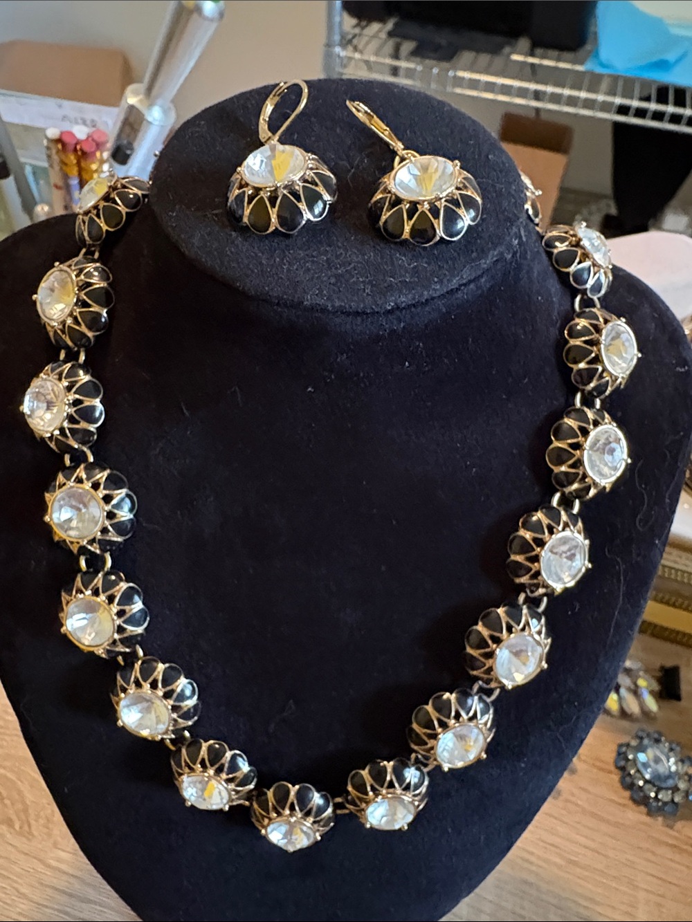 Vintage Black and Gold enamel Necklace & Earring Set
